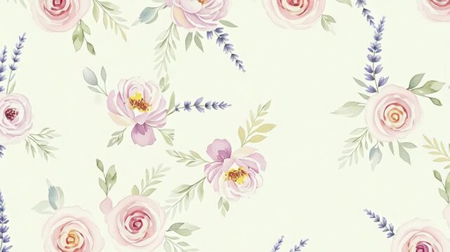 Animated floral pattern featuring pink roses and lavender sprigs on a soft pastel background