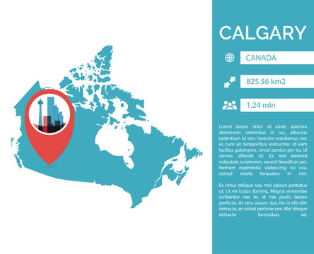 Calgary location point on american map infographics. Canada country map and city data profile with statistics. Vector illustration