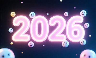Soft neon pastel-glow outline of &ldquo;2026&rdquo; with small floating orbs smiling  Generative AI