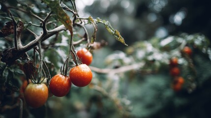 Close Up of Ripe Red Cherry Tomatoes on Vine Covered in Water Droplets with Dark Green Foliage in Blurred Garden Setting with Natural Lighting