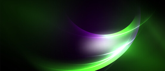 Abstract design features vibrant green, purple hues. Smooth curves create dynamic, flowing visual effect. Light radiates from center.