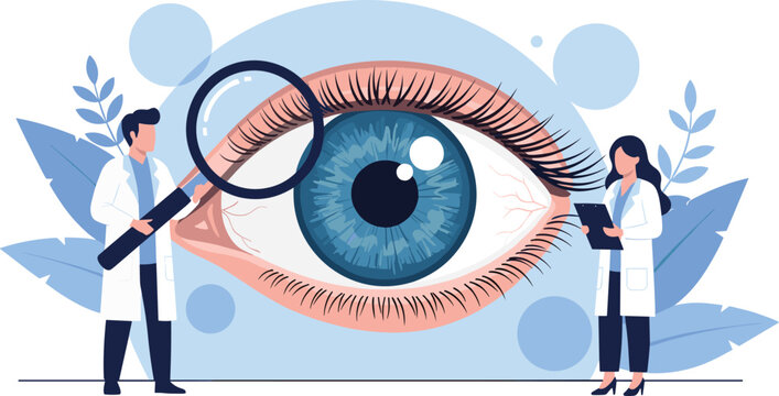 Eye examination scene with doctors inspecting blue iris, medical checkup concept, health awareness theme, flat vector illustration, white background
