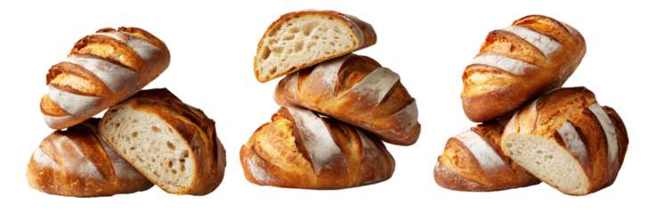 Sourdough artisan bread loaves with flour dusted tops and sliced interior, isolated on white background, concept of fresh bakery