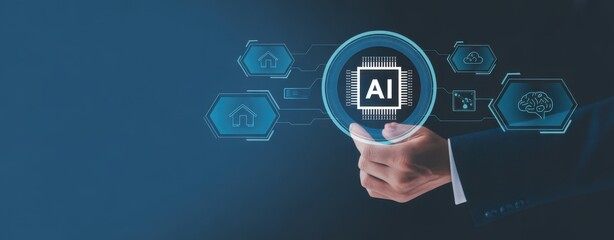 AI Technology in Hand: A professional hand interacts with a holographic interface, highlighting the power and potential of AI, showcasing a fusion of human expertise and advanced technology.