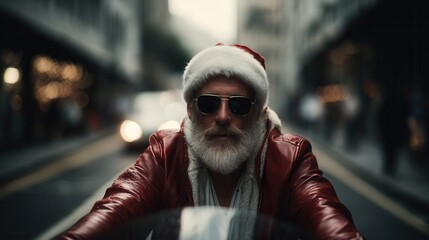 Santa Claus wearing sunglasses is riding a red motorbike