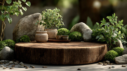 Zen garden display podium with potted plants and rocks AI Generated