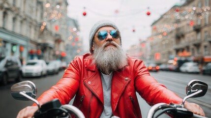Santa Claus wearing sunglasses is riding a red motorbike