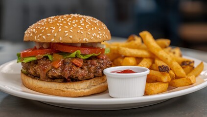 A classic beef burger with sesame seed bun lettuce and tomato served with french fries and ketchup