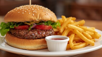 Classic beef burger and french fries meal