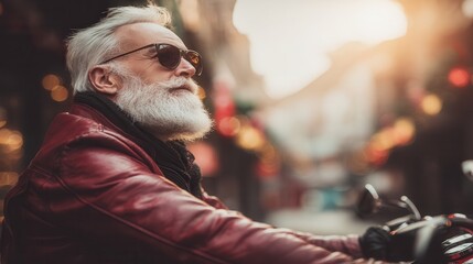 Santa Claus wearing sunglasses is riding a red motorbike