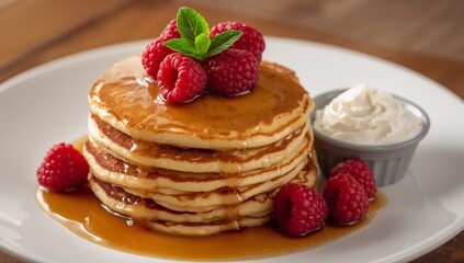 Golden stack of pancakes with maple syrup and fresh raspberries
