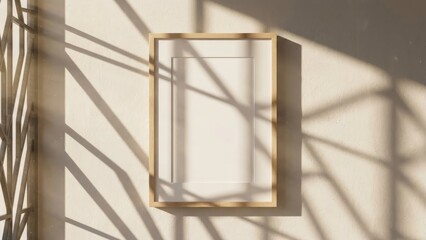 A simple wooden frame hangs on a textured wall bathed in natural sunlight and geometric shadows.