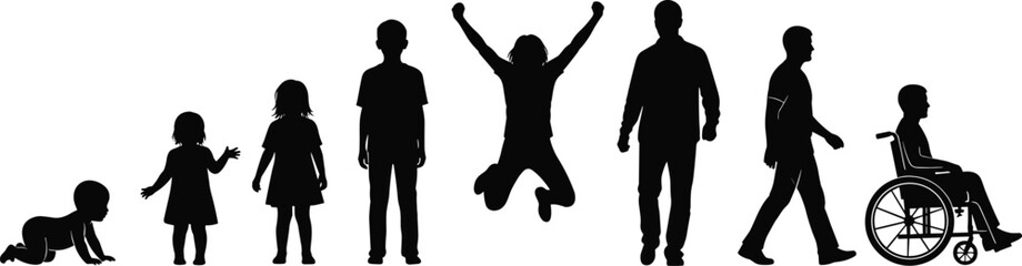 Human Life Stages Silhouette Sequence  Infant to Elderly — Crawling, Walking, Jumping, Aging, Wheelchair, Growth and Development Timeline