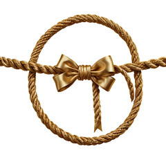 A brown twisted jute hemp rope with a tied knot and a loop is an isolated object on a white background forming a cord connection or border frame
