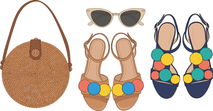 Summer fashion accessories set with straw bag, cat-eye sunglasses, pom-pom sandals, stylish seasonal design, flat vector illustration