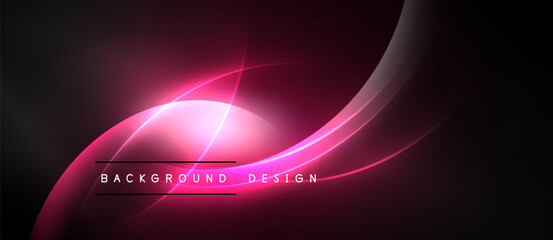 Abstract pink design features flowing lines, bright glow, dark background. Text reads background design. Modern, vibrant aesthetic.