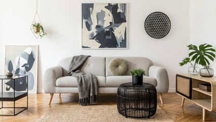 A stylish and comfortable modern living room features a grey sofa, abstract art, and green plants creating a cozy home interior.