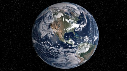 Detailed Earth Planet Pixel Art with Clouds over Continents against Starry Black Sky