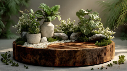 Serene botanical display with lush green plants and natural elements on a wooden podium AI Generated