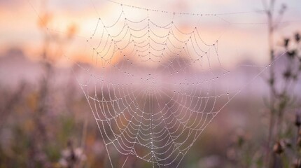 Macro View of Dew Covered Spider Web at Sunrise