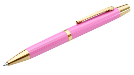Elegant pink ballpoint pen with polished gold accents on a stark for luxury stationery design
