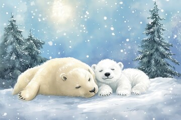 Gentle illustration depicts a parent polar bear and cub peacefully resting in a snowy, wintry forest setting