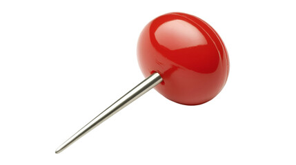 Shiny red push pin with a sharp silver metal point against a stark for office use