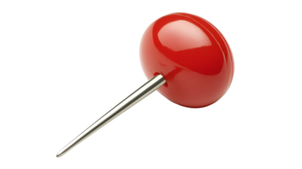 Shiny red push pin with a sharp silver metal point against a stark for office use