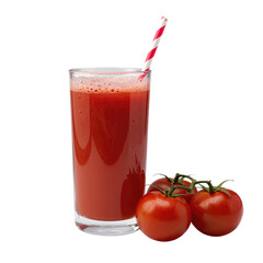 Fresh tomato juice in a glass with straw and tomatoes