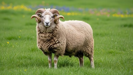 A sheep standing in a lush green field with a serene background