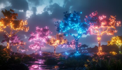 Glowing Trees in a Mystical Forest at Dusk