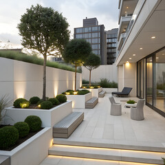 Modern urban patio with minimalist design, featuring raised planters, integrated lighting, contemporary outdoor furniture, and lush greenery.
