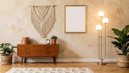 Cozy bohemian living room interior with a wooden dresser, macrame wall art, and a stylish floor lamp