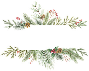 Watercolor Christmas banner with fir branches and place for text. Illustration for greeting cards and invitations isolated on white background.