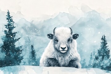 Adorable white bovine calf rests in a wintry mountain landscape under falling snow