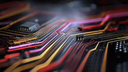 vibrant neon light lines flowing through a dark electronic circuit board with microchips. ideal for cyber security, artificial intelligence, big data, and futuristic computer hardware concepts