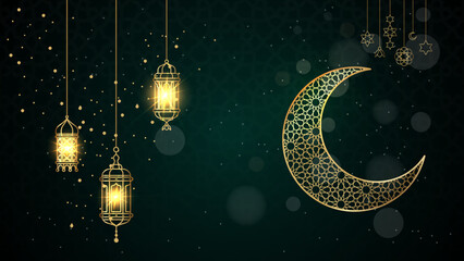 Ramadan night with lantern and moon decoration. Ramadan kareem background with golden lanterns and crescent moon. Ideal for festive ramadan greetings and promotions. © bahtiarmaulana