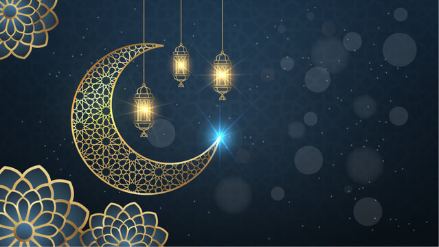 Blue and gold color Eid mubarak islamic background with hanging ramadan candle lantern. Ramadan kareem animation with golden islamic decor, crescent moon lanterns, and flowers.