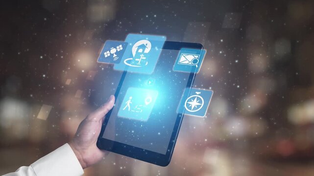 GPS icons show navigation, GPS tracking, and location. GPS supports real time maps, direction, and GPS navigation services for mobility and transport. Gist