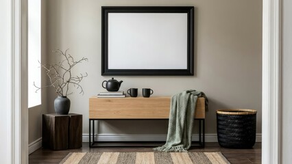 Fototapeta premium A stylish living room features a wooden console table with a blank picture frame above it, creating a modern and calm interior.