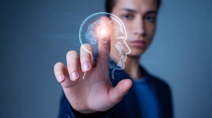 Young man touching a glowing digital brain hologram with his finger representing innovation and technology