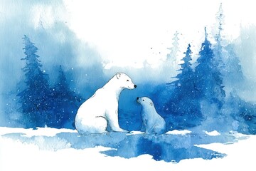 Watercolor painting depicts two white bears interacting in a wintry forest setting