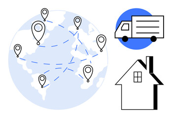 Obraz premium Logistics, supply chain, global delivery, shipping, transportation, tracking. World map with location markers, connected routes delivery truck and a house. Logistics and supply chain concept