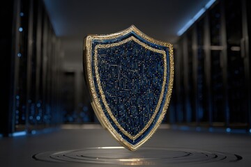 Illuminated Cyber Security Shield Symbol in Data Center with Blue Light Trails Protecting Data Security on Dark Server Room Floor