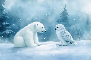 Adorable white cub and owl sit together in a snowy winter forest scene