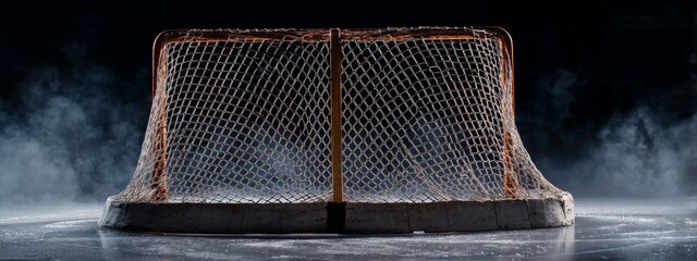 an oversized hockey goal placed in the foreground with a blurred background, emphasizing its significance within the context of the photograph