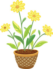 A charming illustration of yellow daisy like flowers blooming in a woven