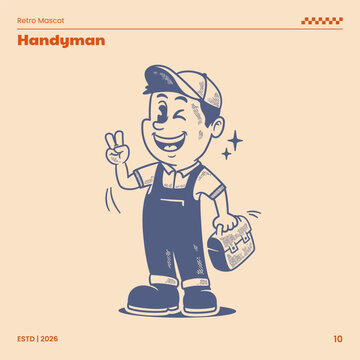 Retro handyman mascot character illustrated in a classic hand-drawn vintage cartoon style. This vector illustration is suitable for logo templates, repair service branding
