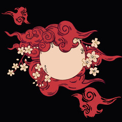 Circular decorative frame or border featuring stylized red Japanese or Chinese clouds and white cherry blossom flowers on a contrasting black background, with space for text or a logo.