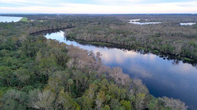 Aerial view of scenic St johns river surrounded with cypress trees at Fort Florida point near Orlando, Florida.